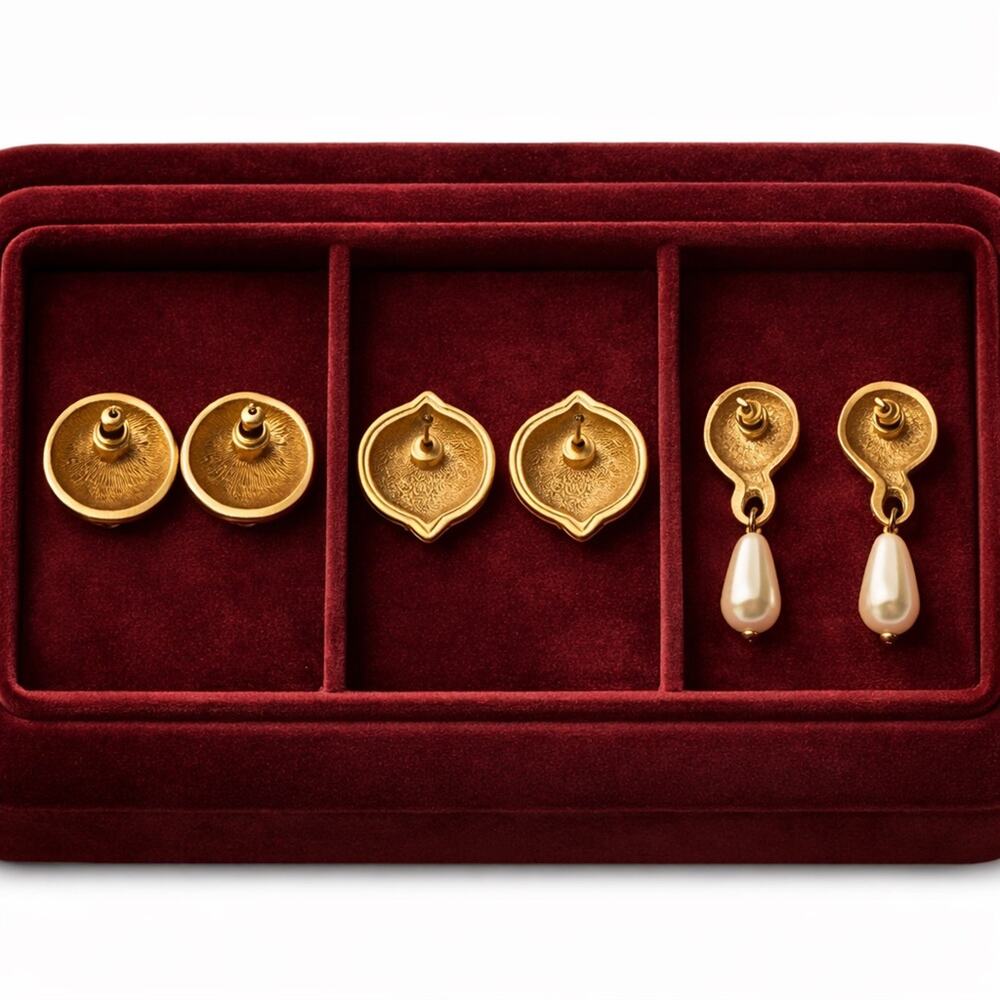 Vintage 1980s Gold Pearl Enamel Crystal Earrings Lot of 3 Stud Dynasty Glam Gift - Picture 5 of 6